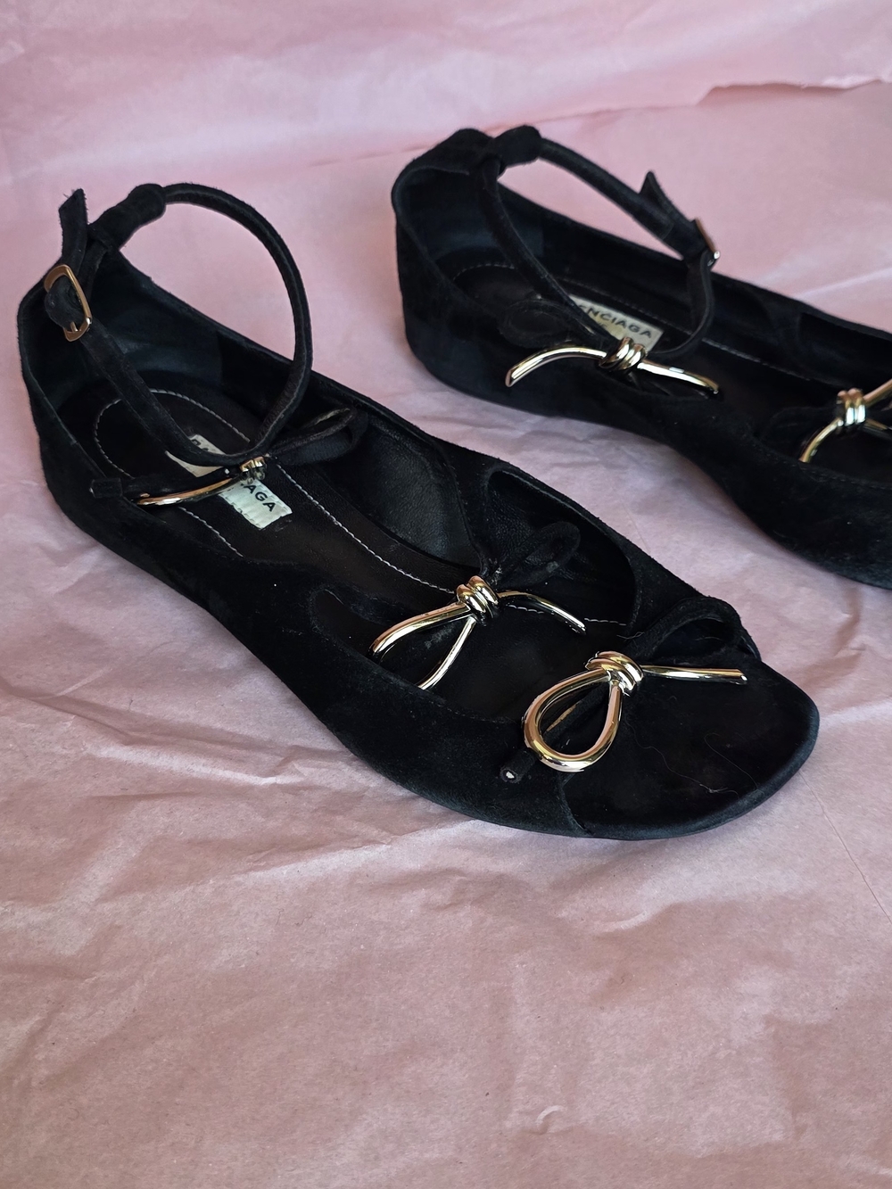 Balenciaga Black Suede Ankle-Strap Flat Sandals with Gold Bow Detail